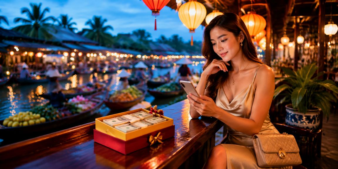 Người dùng tại Hội An xem casino di động dưới ánh đèn lồng ban đêm